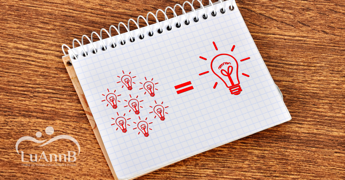 Hidden Formula Behind Businesses That Blossom Luanne Blog Post Images-3 Image of a group of hand drawn outlines of red lightbulbs followed by and equal sign and then one large lightbulb with lines around it showing how broight it is as it demostrates Hidden Formula Behind Businesses That Blossom.